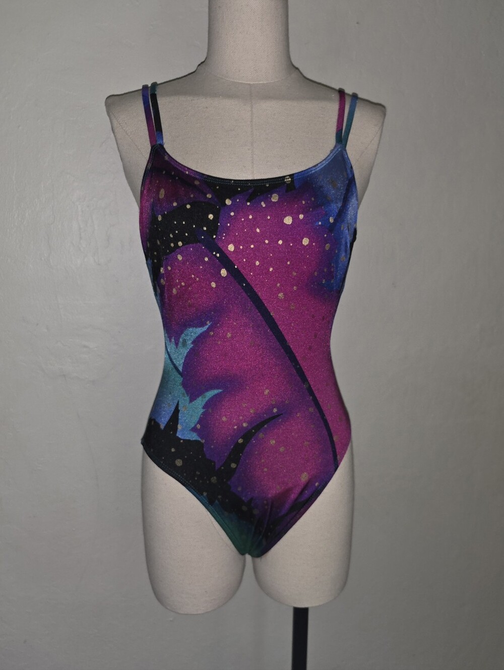 Vintage La Blanca 1970s 1980s One-Piece Double Strap Gold Spotted Colorful